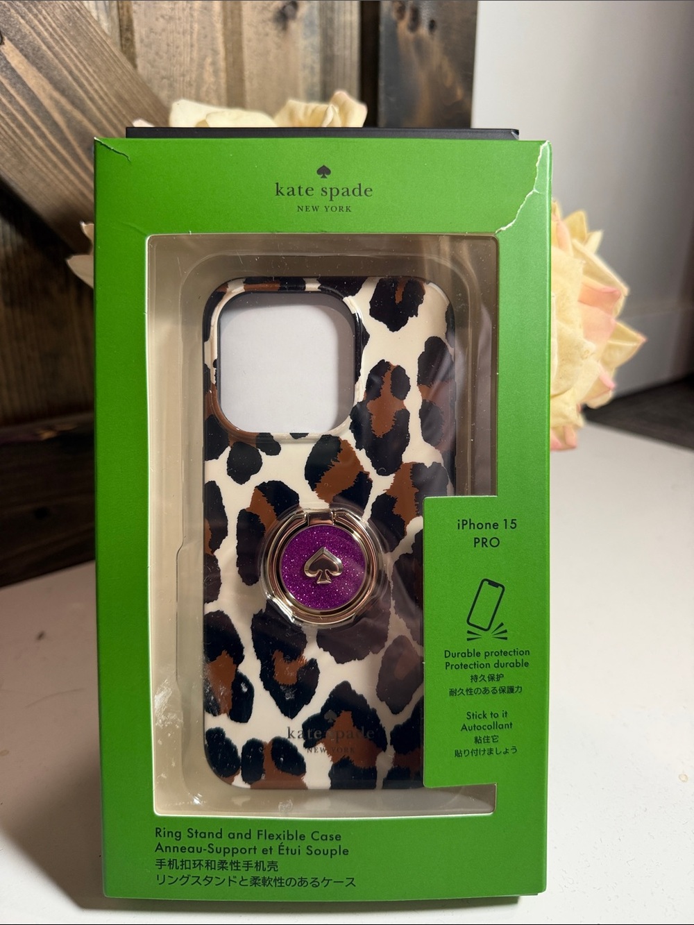 kate spade Leopard Print iPhone 15 Pro Case with Purple Ring